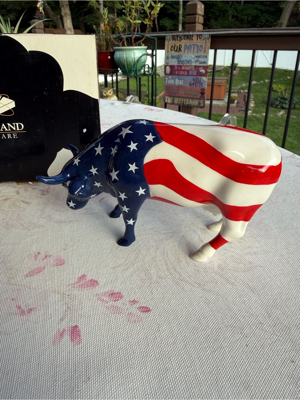 American Flag Ceramic Bull Figurine - Patriotic Home Art -America The Beautiful